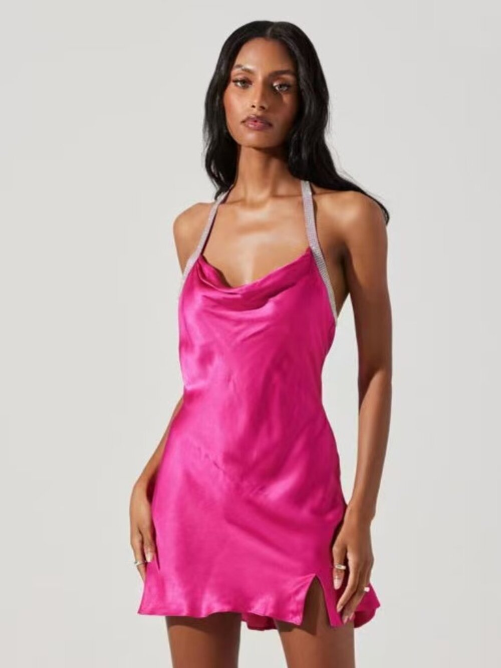 Astr Sicily PINK Satin Halter Rhinestone Trim Mini dress